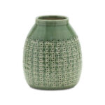 Ceramic Vase Jar with Lid, Textured Floral Carvings, Gold Green - Chic Decora