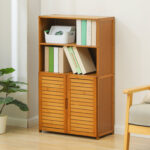 4 Tiers Bamboo Wood Bookcase Magazine Toy Storage Bookshelf With Double Doors - Chic Decora