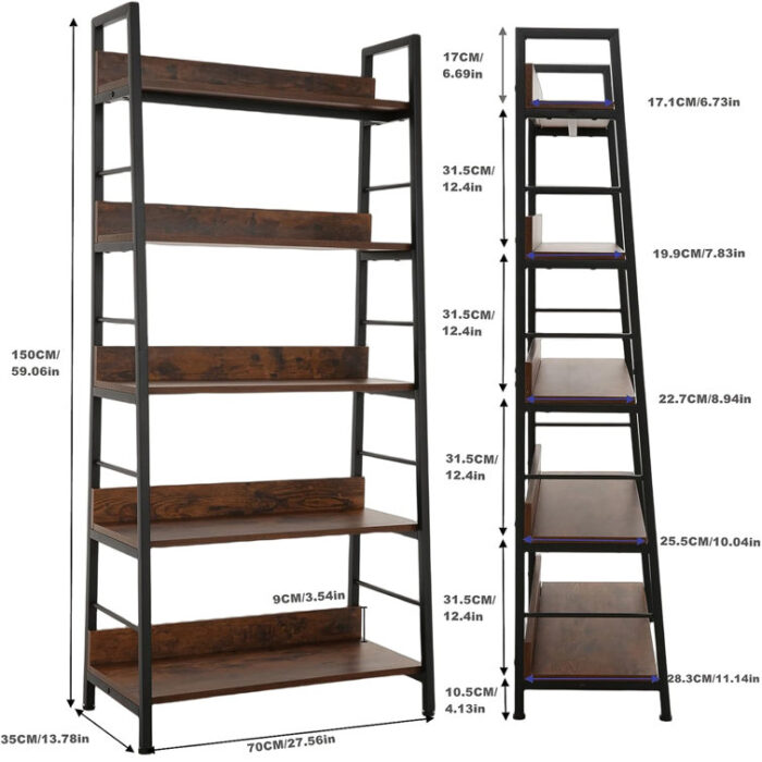 59” H x 28” W 5-Tier Iron Ladder Bookcase Industrial Metal Freestanding Shelves Rack Organizer - Chic Decora