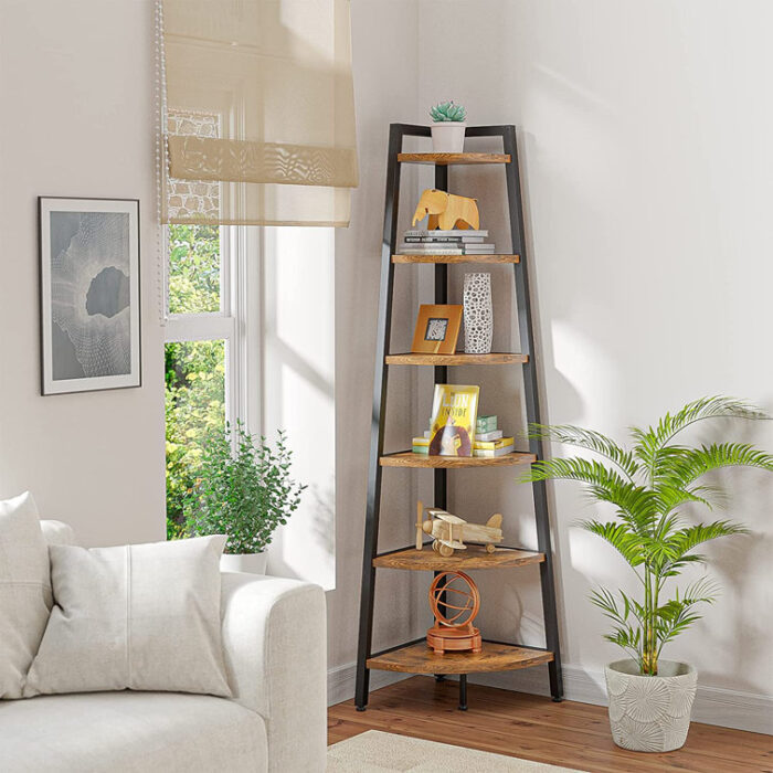 68.9″ H x 17.7″ W Iron Corner Bookcase 6 Tier Ladder Shelf - Chic Decora