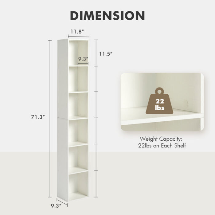 6 Tiers Narrow Corner Bookshelf, Cube Bookcase with Storage for Small Spaces, Home, Office - Chic Decora