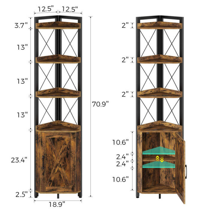 Alceste Corner Storage Bookcase, 70.9″ H x 18.9″ W Shelves with Doors - Chic Decora