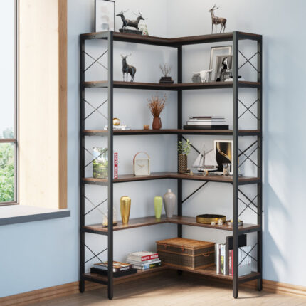 Fortney 43″ W Bookshelf with LED Light, Industrial Bookcase with Open Storage Shelves - Chic Decora