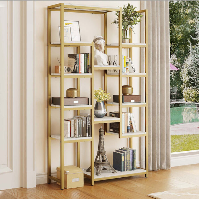 Argenziano 71.06″H Marble WoodGeometric Etagere Bookcase with Open Display Storage Shelves - Chic Decora