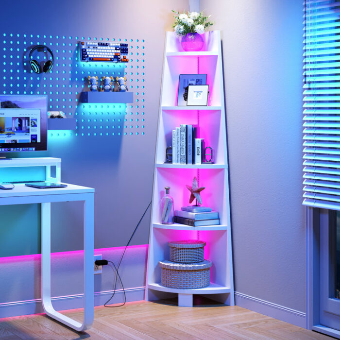 Arieona Modern Display Corner Bookcase with Colorful LED Light - Chic Decora