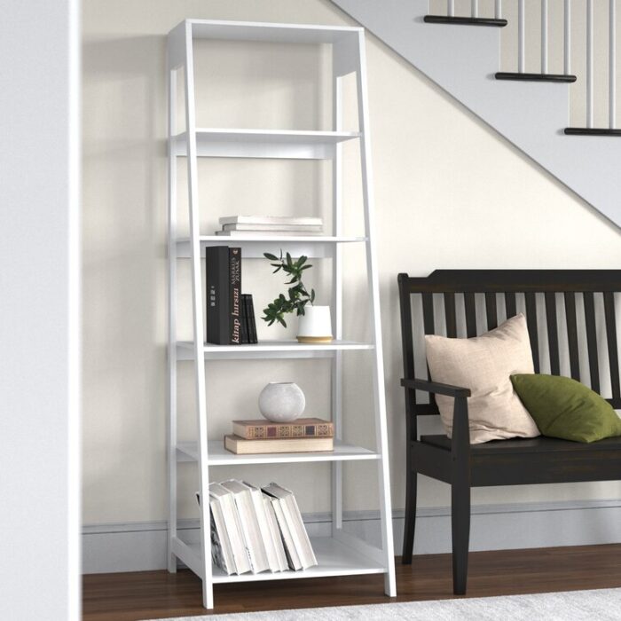 Arjet 5-Tier Ladder Bookshelf – Freestanding Wooden Bookcase Frame with Leaning Look – Shelves - Chic Decora