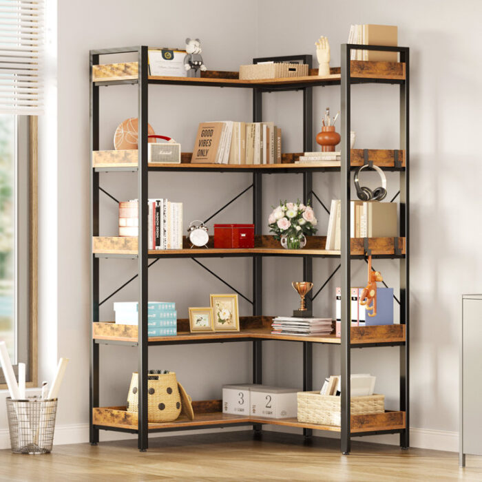 Awbree Bookshelf 5 Tier, Reversible Wood Corner Bookcase with Open Shelves for Living Room - Chic Decora