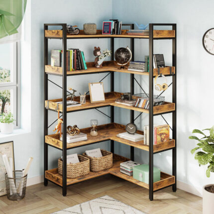 Awbree Bookshelf 5 Tier, Reversible Wood Corner Bookcase with Open Shelves for Living Room - Chic Decora