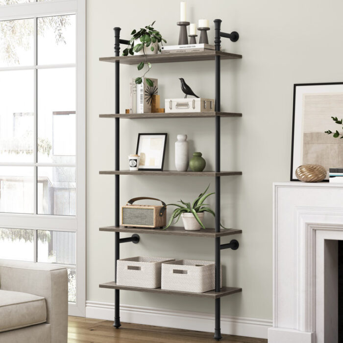 BAZTIN 5 Tier Industrial Bookshelf, Open Wall Mounted Ladder Vintage Bookcase - Chic Decora