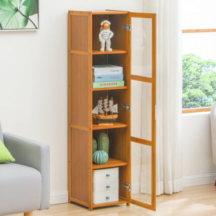 Bamboo Narrow 5 Tiers Standard Bookcase with Acrylic Doors, Display Storage Bookshelf for Home - Chic Decora