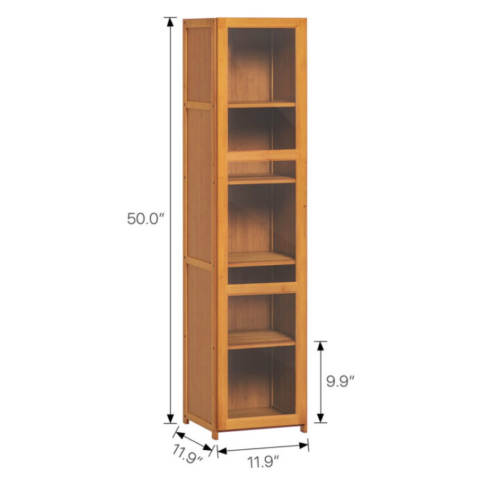 Bamboo Narrow 5 Tiers Standard Bookcase with Acrylic Doors, Display Storage Bookshelf for Home - Chic Decora