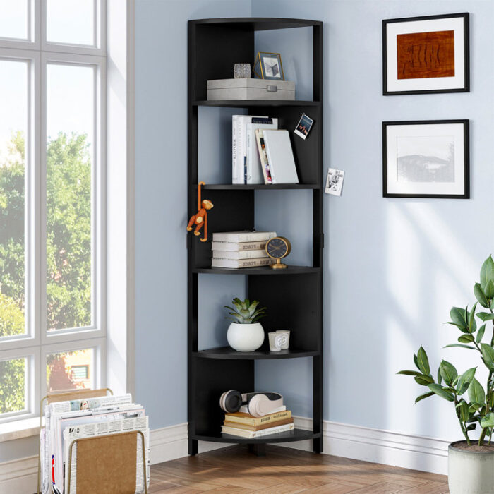 Besnike 68″H x 14″W Open Display Shelves Corner Wood Etagere Bookcase - Chic Decora