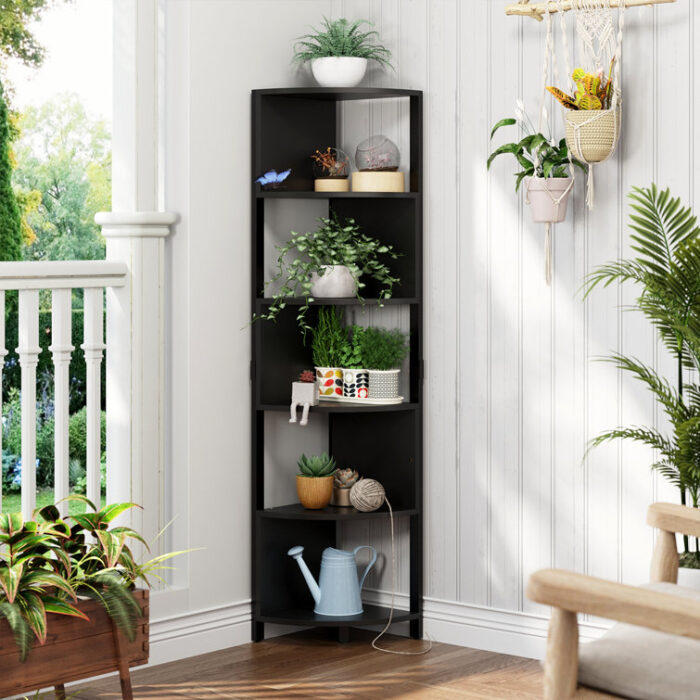 Besnike 68″H x 14″W Open Display Shelves Corner Wood Etagere Bookcase - Chic Decora