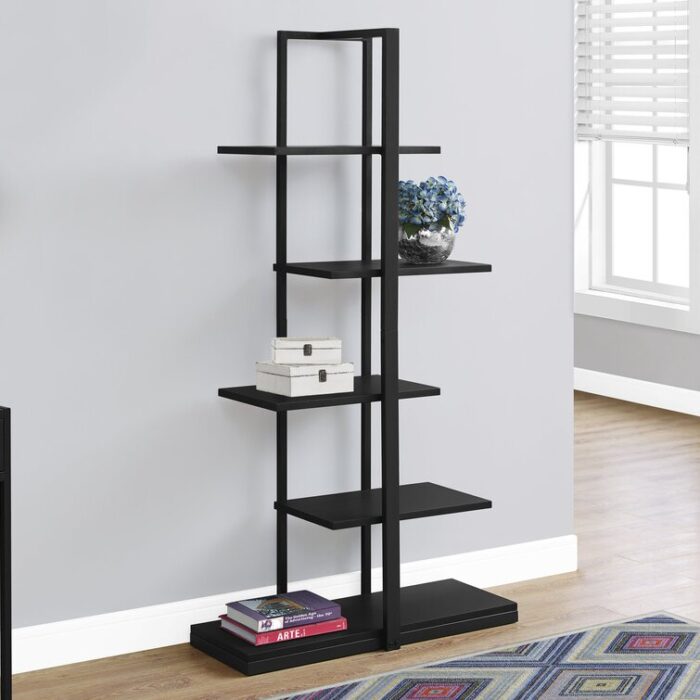 Blalock Bookshelf, Bookcase, Etagere, 5 Tier, 60″H, Office, Bedroom, Metal, Laminate, Brown, Black - Chic Decora