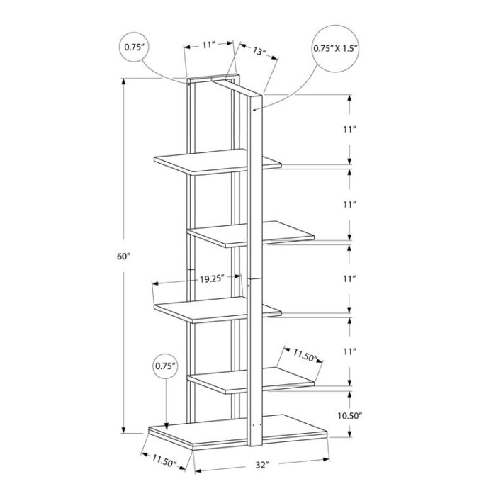 Blalock Bookshelf, Bookcase, Etagere, 5 Tier, 60″H, Office, Bedroom, Metal, Laminate, Brown, Black - Chic Decora