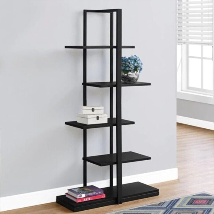 Blalock Bookshelf, Bookcase, Etagere, 5 Tier, 60″H, Office, Bedroom, Metal, Laminate, Brown, Black - Chic Decora