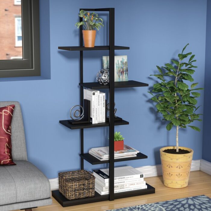 Blalock Bookshelf, Bookcase, Etagere, 5 Tier, 60″H, Office, Bedroom, Metal, Laminate, Brown, Black - Chic Decora