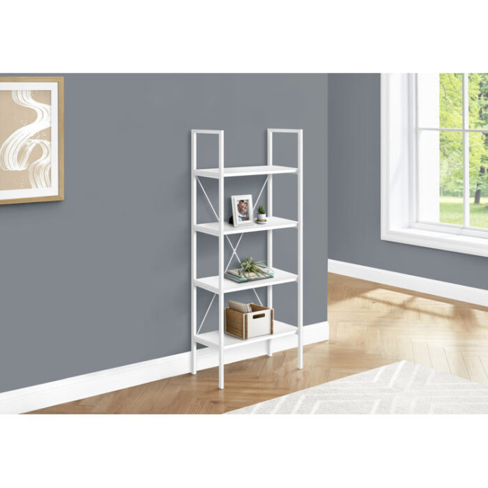 Bookshelf, Bookcase, 4 Tier, 48″H, Office, Bedroom, Metal, Laminate, White, Contemporary, Modern - Chic Decora