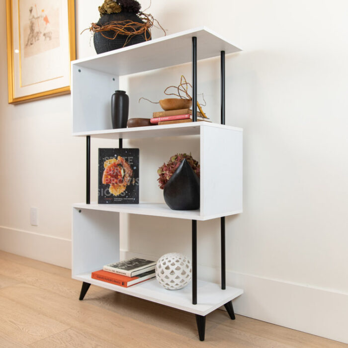 Breuer 4-Tier White S-Shaped Bookcase with Black Hardware Accents - Chic Decora