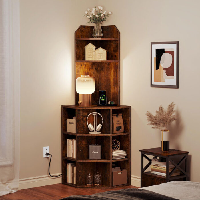 Darley 26.2″ W Wood Corner Bookcase with Charging & Compartments - Chic Decora