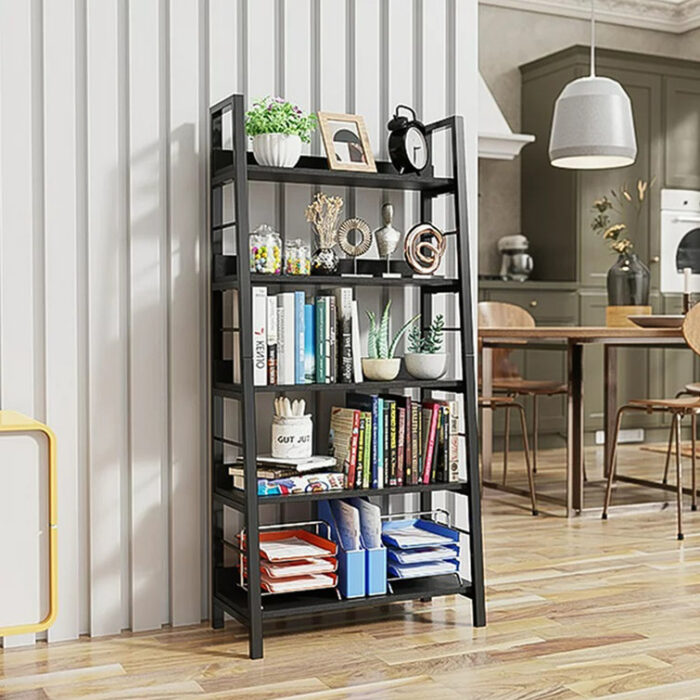 Eleri 5 Tiered Bookshelf, Ladder Shelf Etagere Bookcase, Wood and Metal Bookshelf - Chic Decora