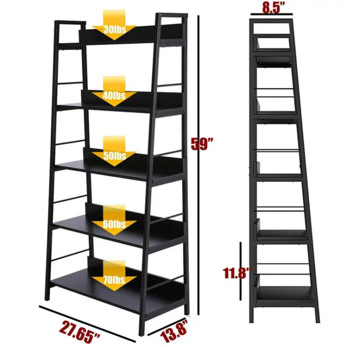 Eleri 5 Tiered Bookshelf, Ladder Shelf Etagere Bookcase, Wood and Metal Bookshelf - Chic Decora