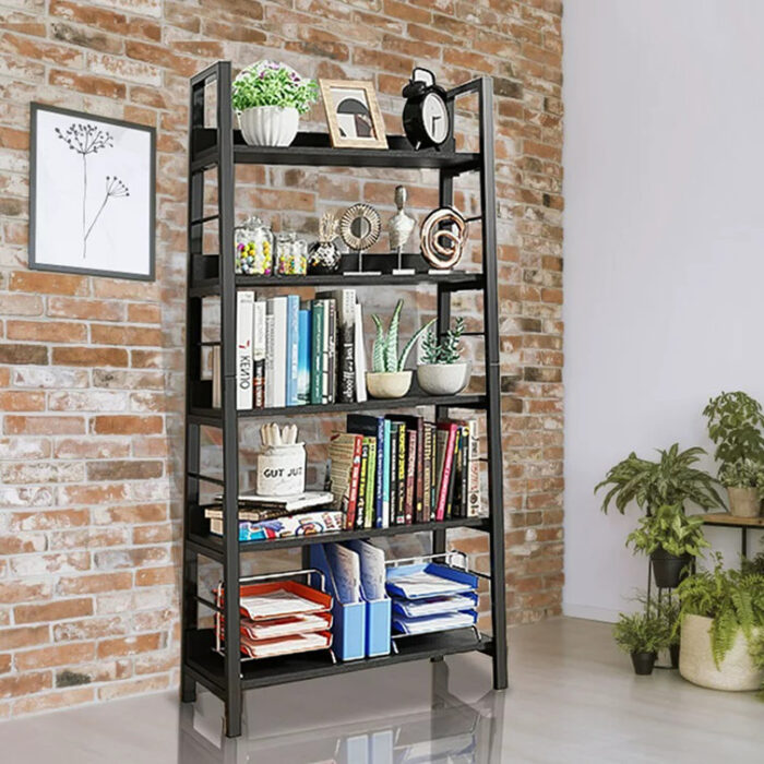 Eleri 5 Tiered Bookshelf, Ladder Shelf Etagere Bookcase, Wood and Metal Bookshelf - Chic Decora