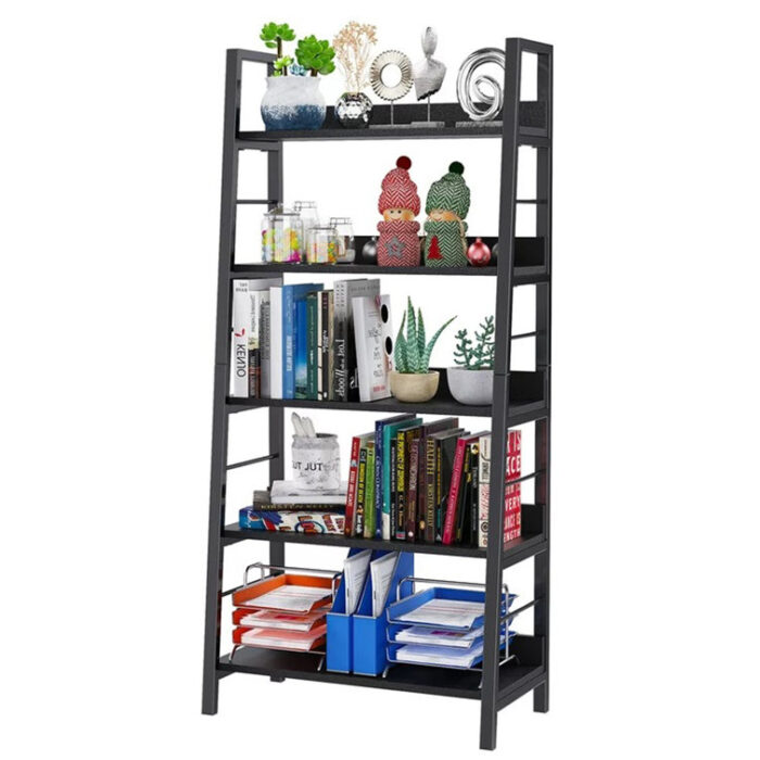 Eleri 5 Tiered Bookshelf, Ladder Shelf Etagere Bookcase, Wood and Metal Bookshelf - Chic Decora