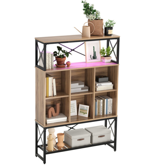 Fortney 43″ W Bookshelf with LED Light, Industrial Bookcase with Open Storage Shelves - Chic Decora