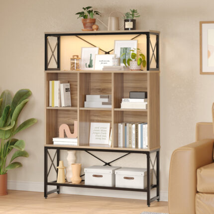 Fortney 43" W Bookshelf with LED Light, Industrial Bookcase with Open Storage Shelves