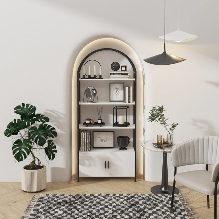 Gretlies Gold Bookshelf Arched Bookcase With Doors Hidden Storage Luxury Sideboard - Chic Decora