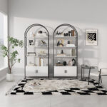 Gretlies Gold Bookshelf Arched Bookcase With Doors Hidden Storage Luxury Sideboard - Chic Decora