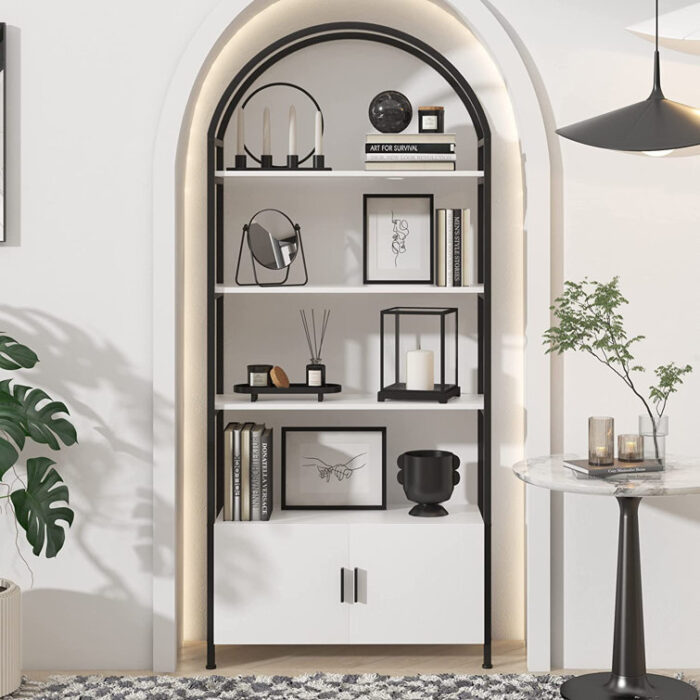 Gretlies Gold Bookshelf Arched Bookcase With Doors Hidden Storage Luxury Sideboard - Chic Decora