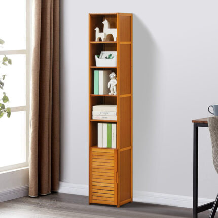 Kayana Narrow Bamboo Storage Bookcase Cabinet with Shuttered Door - Chic Decora