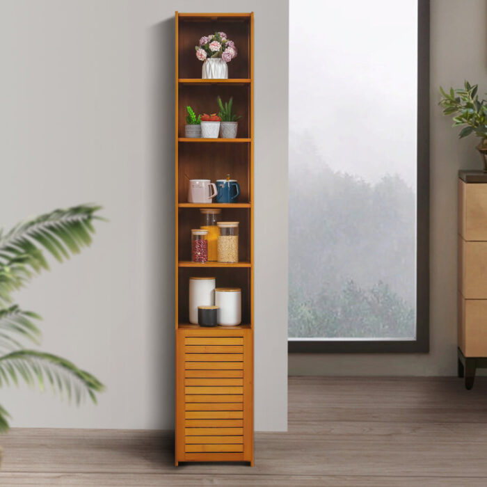 Kayana Narrow Bamboo Storage Bookcase Cabinet with Shuttered Door - Chic Decora