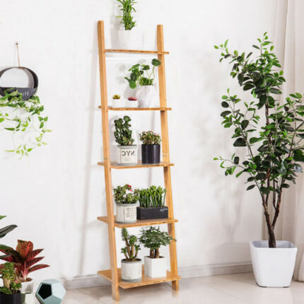 Kaysen 5-Tier Modern Bamboo Wall-Leaning Display Ladder, Bookcase - Chic Decora