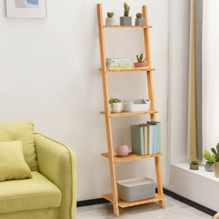 Kaysen 5-Tier Modern Bamboo Wall-Leaning Display Ladder, Bookcase - Chic Decora