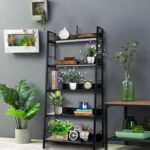 Khyden 59” H X 27.65” W 5 Tier Black Ladder Bookcase, Industrial Wood and Metal Bookshelf for Living Room - Chic Decora