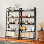 Khyden 59” H X 27.65” W 5 Tier Black Ladder Bookcase, Industrial Wood and Metal Bookshelf for Living Room - Chic Decora