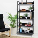 Khyden 59” H X 27.65” W 5 Tier Black Ladder Bookcase, Industrial Wood and Metal Bookshelf for Living Room - Chic Decora