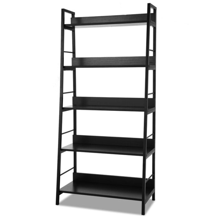 Khyden 59” H X 27.65” W 5 Tier Black Ladder Bookcase, Industrial Wood and Metal Bookshelf for Living Room - Chic Decora