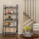 Khyden 59” H X 27.65” W 5 Tier Black Ladder Bookcase, Industrial Wood and Metal Bookshelf for Living Room - Chic Decora