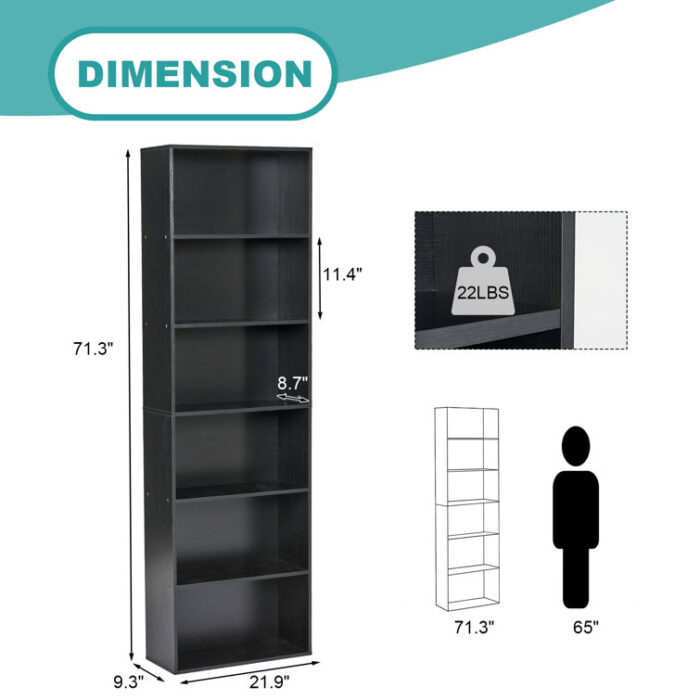 Kimm 6-Tier Tall Bookshelf, 71″ Standard Bookcase with Storage, Free Standing Display Shelf - Chic Decora