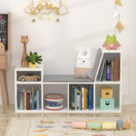 Linlin 24.8” H X 43.3” W Reading Nook Organizer with Seat Cushion, 6 Wooden Corner Storage Shelf Book Nook - Chic Decora