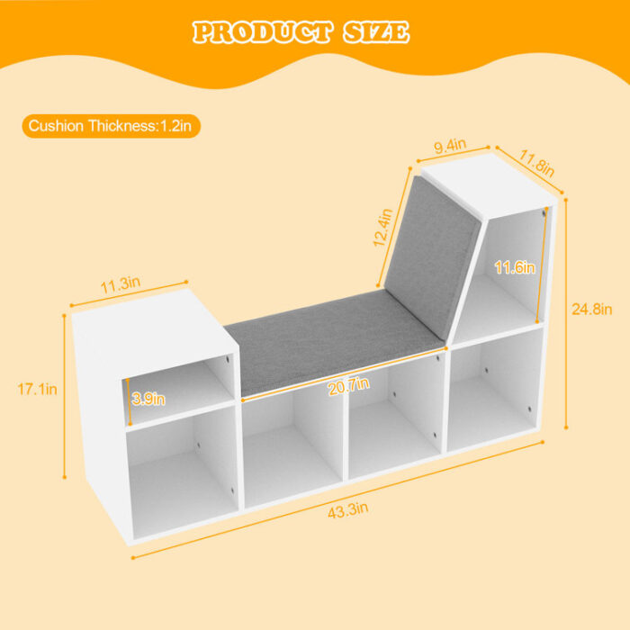 Linlin 24.8” H X 43.3” W Reading Nook Organizer with Seat Cushion, 6 Wooden Corner Storage Shelf Book Nook - Chic Decora