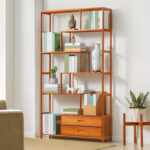 Lynzee Vintage Bamboo Staggered Storage Bookcase Shelf with 2 Drawers - Chic Decora