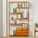 Lynzee Vintage Bamboo Staggered Storage Bookcase Shelf with 2 Drawers - Chic Decora