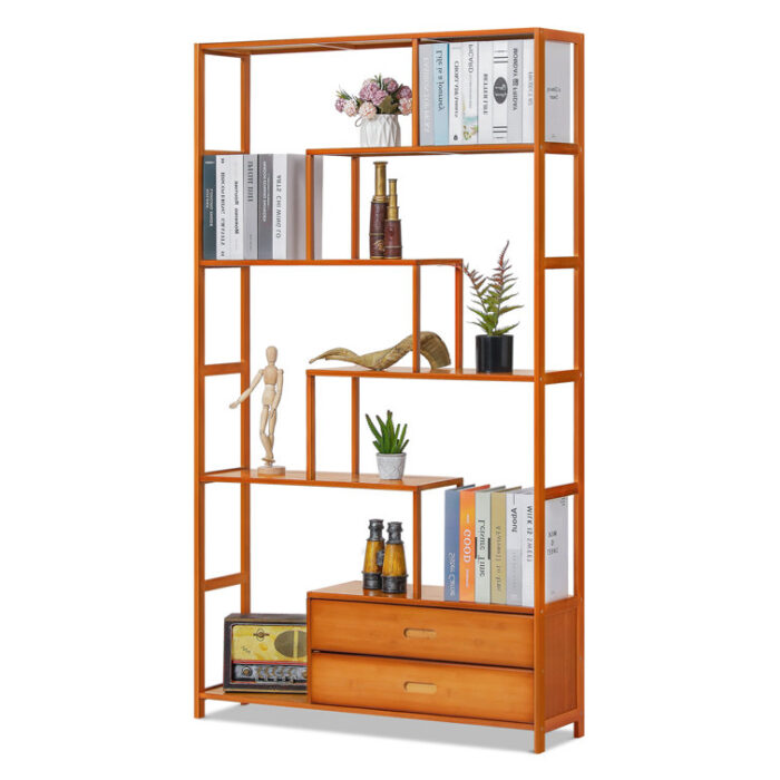 Lynzee Vintage Bamboo Staggered Storage Bookcase Shelf with 2 Drawers - Chic Decora