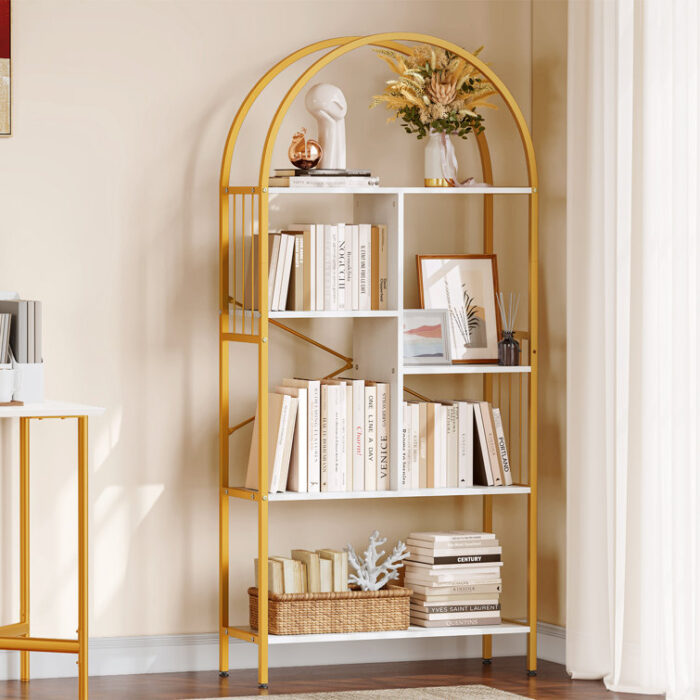 Mackinnon Gold/White Arched Etagere Bookcase - Chic Decora