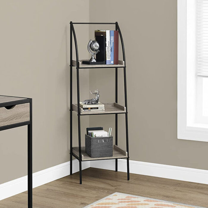 Marcia Bookshelf, Bookcase, Etagere, Corner, 3 Tier, 48″H, Office, Bedroom, Metal, Laminate, Brown, Black - Chic Decora